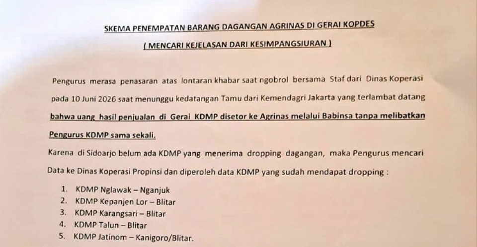 Beredar Surat Pengurus Koperasi Merah Putih Bungurasih, Isinya Jelaskan Bisnis KDMP Dipegang Kodim, Babinsa dan Agrinas, Pengurus tak Dilibatkan