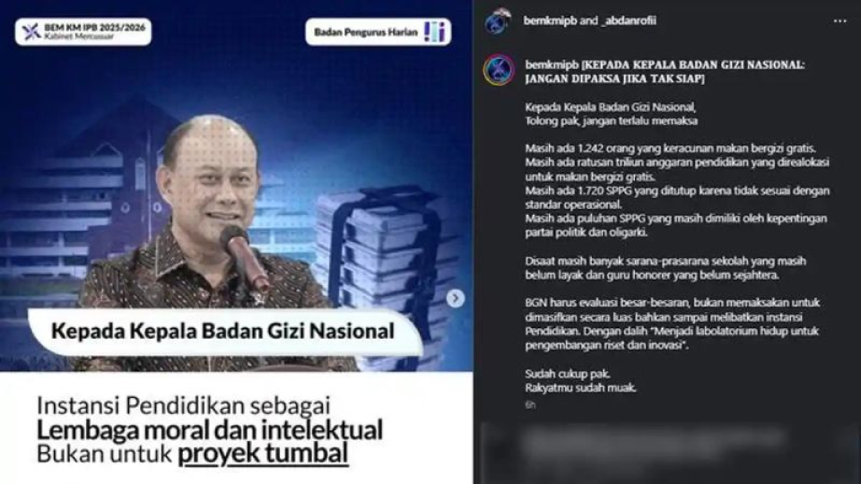 BEM IPB Tolak Dapur MBG di Kampus, Sindir Kasus Keracunan hingga Ketua BGN: Rakyatmu Sudah Muak