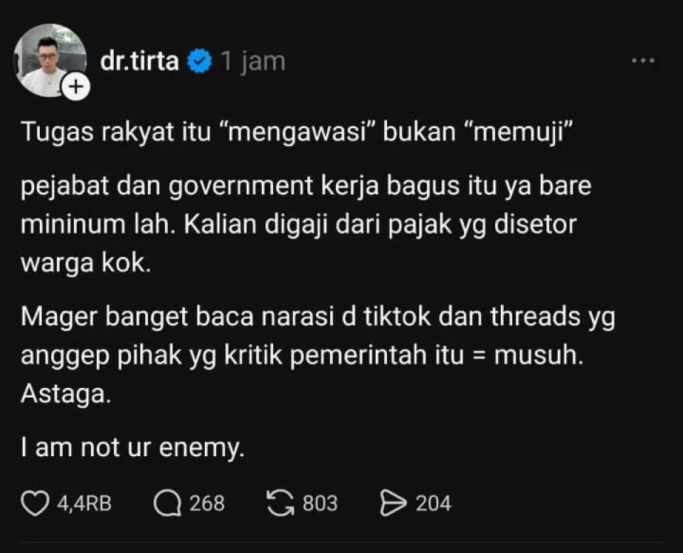 dr. Tirta sentil buzzer 02: Tugas rakyat itu “mengawasi” bukan “memuji”